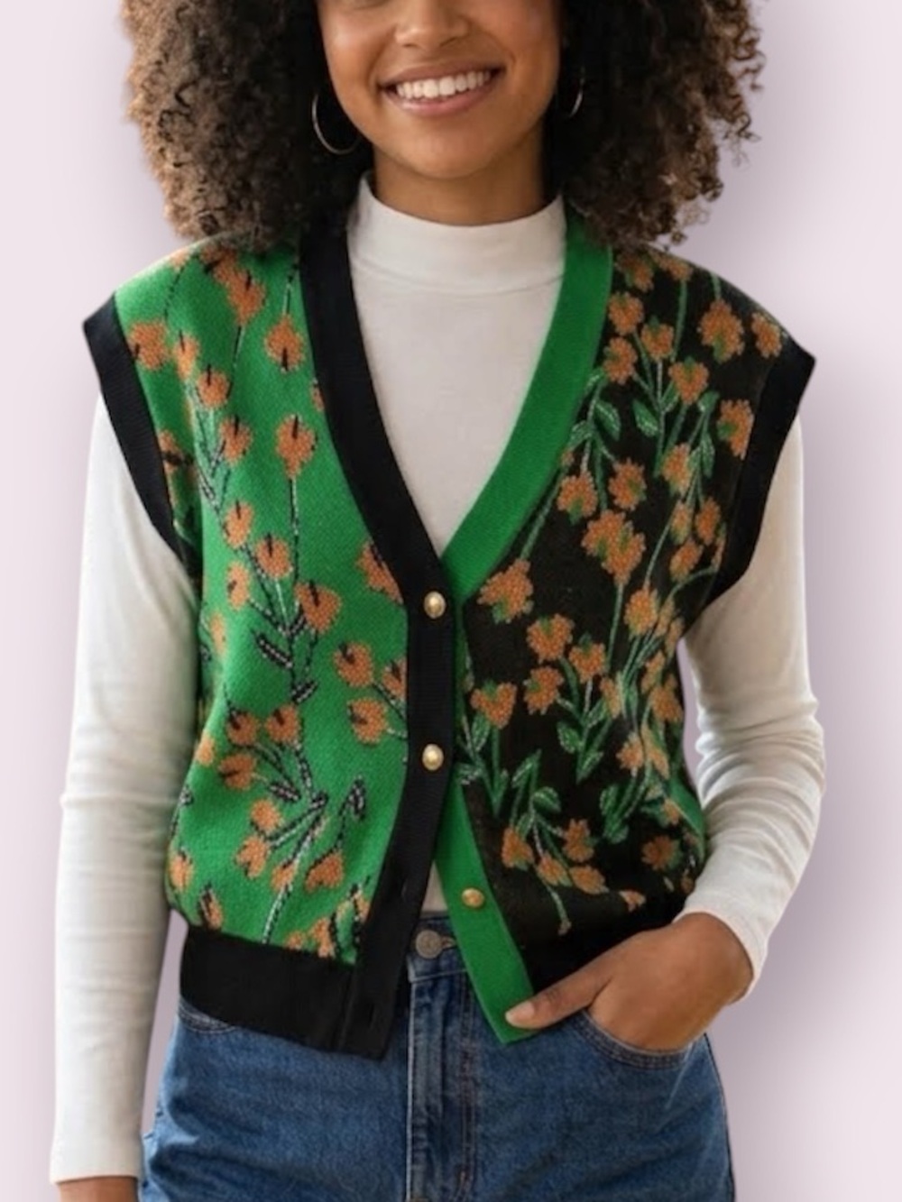 Urban Revivo Color Block Floral Sweater Vest Green Black Sparkly Size 4 - Picture 1 of 13
